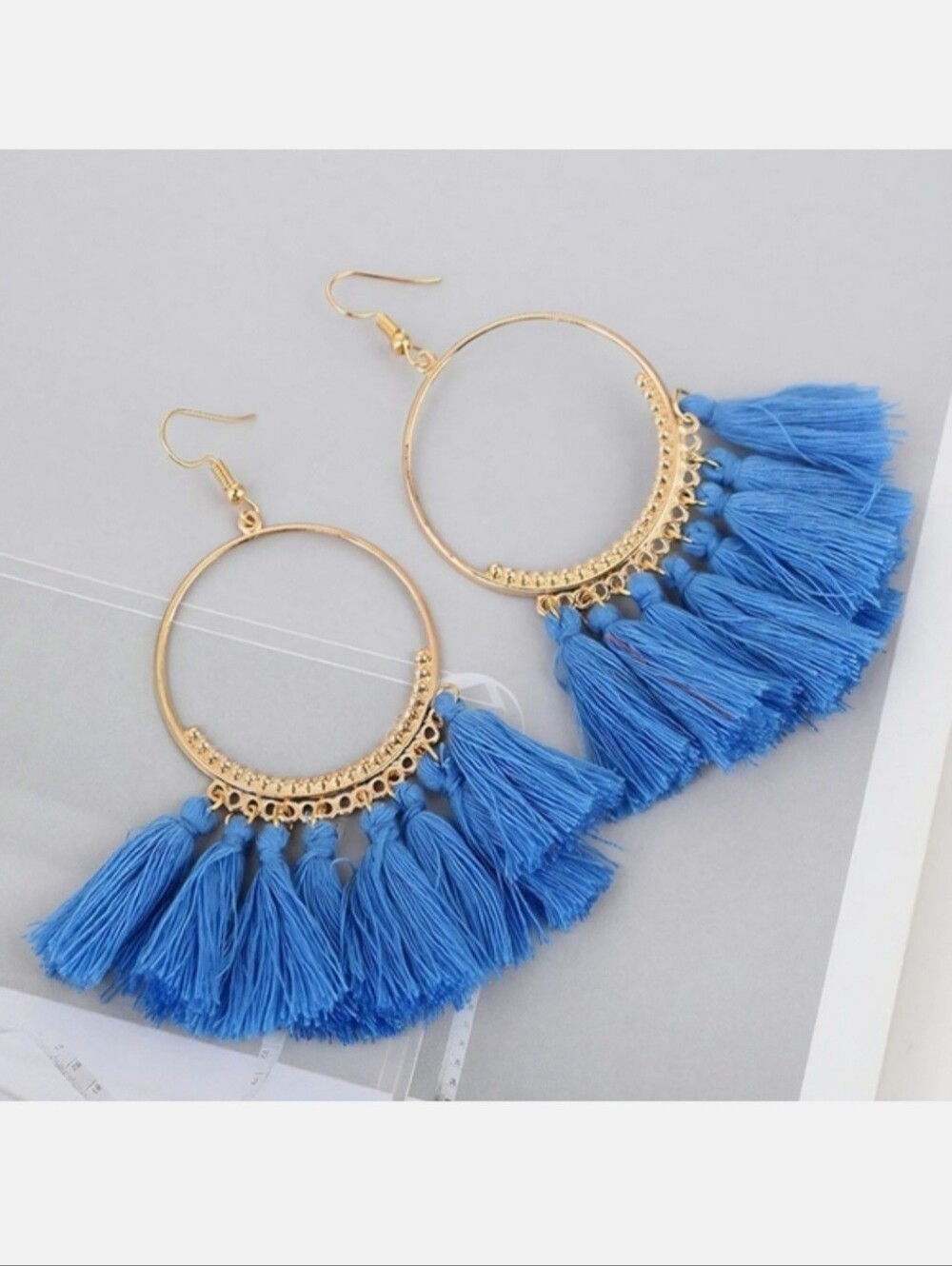 Gold Hoop Earrings Blue Thread Tassels Casual Boho Fashion Jewelry Accessories
